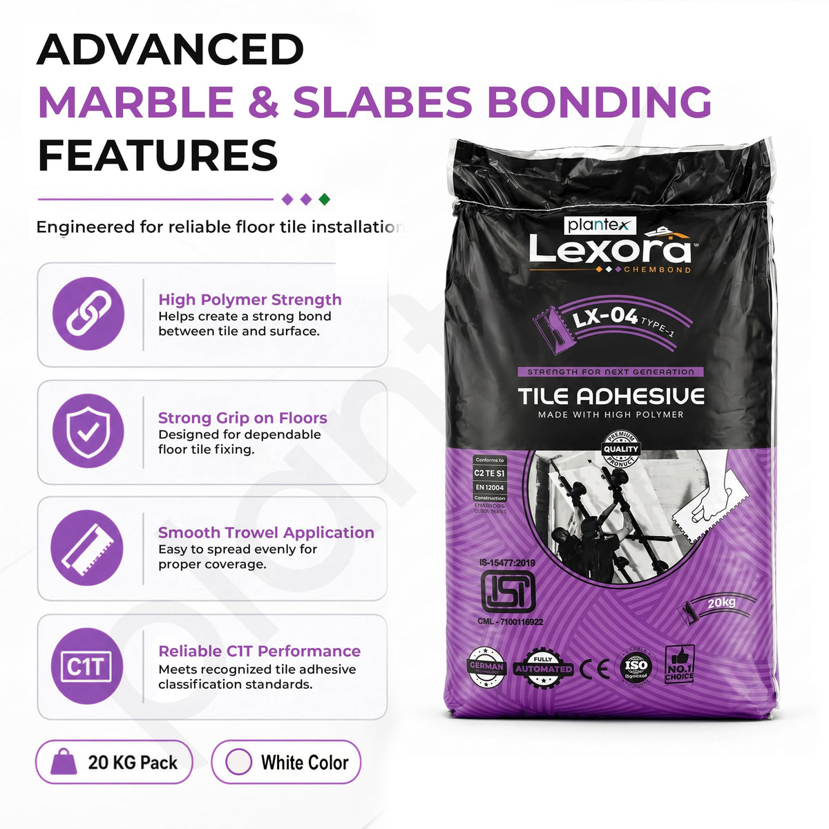Plantex Lexora Tile Adhesive for Terracotta/Ceramic & Quarry Tiles/Polymer Modified Cement Adhesive for Floor & Wall Tiles Fixing/ Kitchen & Bathroom‚ Use - 20kg (LX-04, White)-5