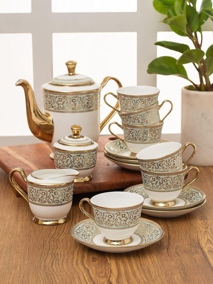 Clay Craft Fine Ceramic Golden Print Tea Set of 15 (1 Tea Pot with Lid +6 Cups+6 Saucers +1 Milk Pot + 1 Sugar Pot)
