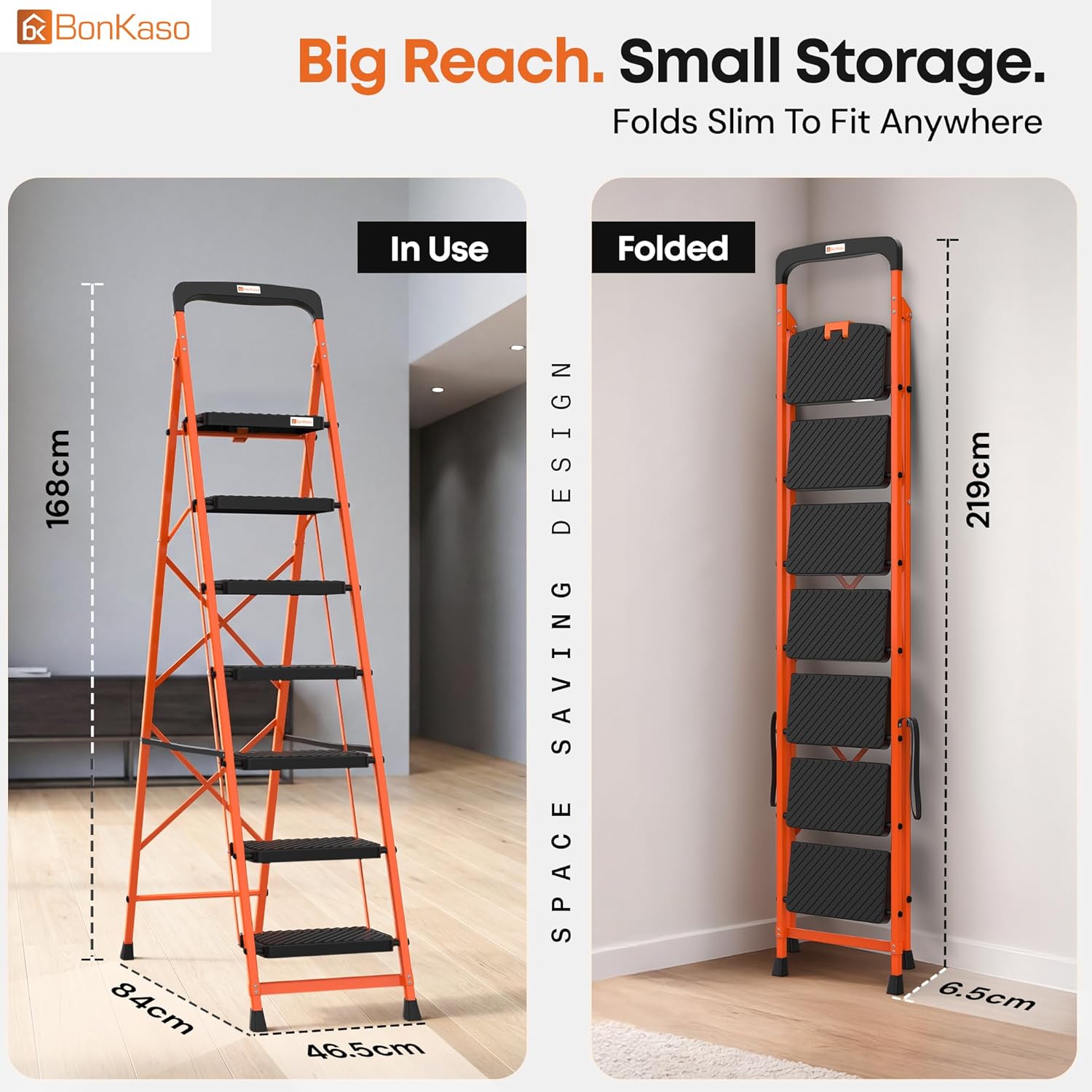 BonKaso climb easy 7 Step Foldable Steel Kitchen Ladder for Home,Office & Outdoor Use with Safety Clutch Lock,Anti-Slip Wide Steps,Support Handle & Tool Tray, Load Capacity Upto 120kg (Orange & Black)