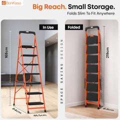 BonKaso climb easy 7 Step Foldable Steel Kitchen Ladder for Home,Office & Outdoor Use with Safety Clutch Lock,Anti-Slip Wide Steps,Support Handle & Tool Tray, Load Capacity Upto 120kg (Orange & Black)