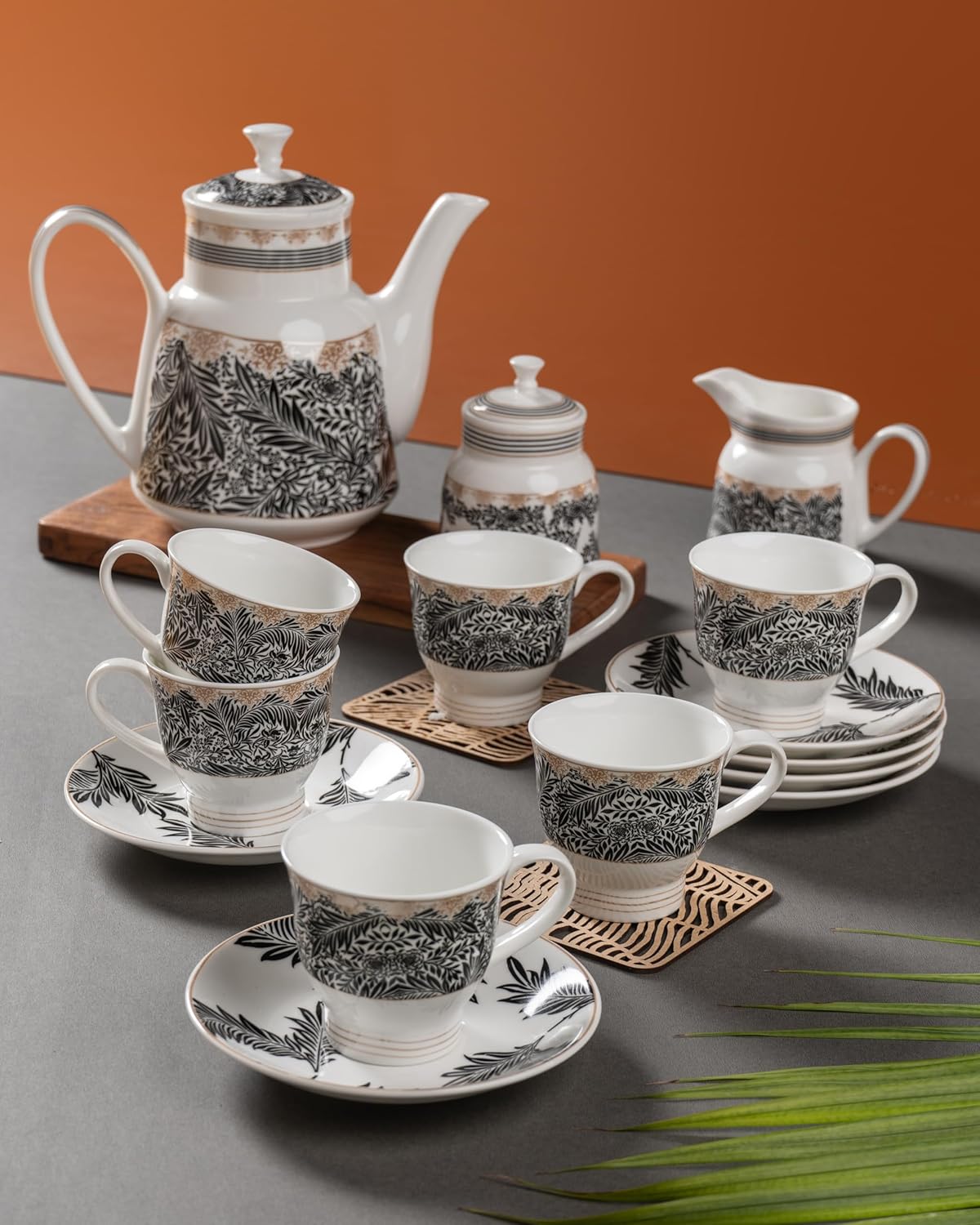 Clay Craft Fine Ceramic Tea Set of 15-1 Tea Pot with Lid +6 Cups+6 Saucers +1 Milk Pot + 1 Sugar Pot (Classic Super S311)