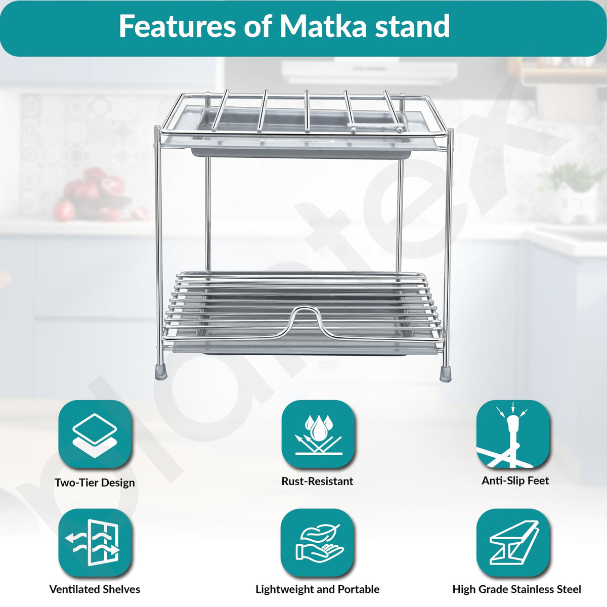 Plantex Matka Stand/Stainless Steel 2-Tier Matka Stand for Kitchen/Square Water Pot with Tray - 8 X 7.5 inch (Chrome), Free Standing, Tiered Shelf-6