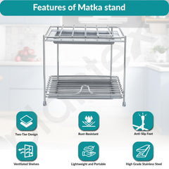 Plantex Matka Stand/Stainless Steel 2-Tier Matka Stand for Kitchen/Square Water Pot with Tray - 8 X 7.5 inch (Chrome), Free Standing, Tiered Shelf-6