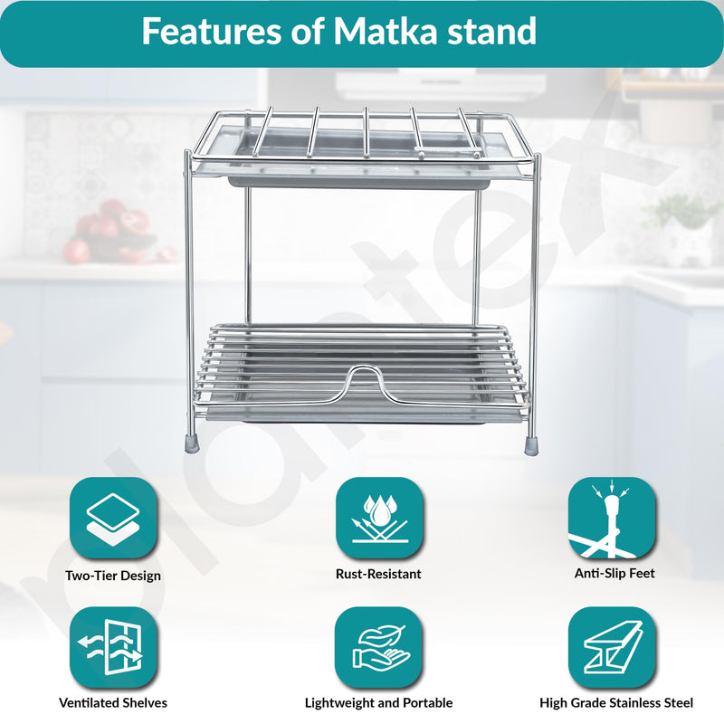 Plantex Matka Stand/Stainless Steel 2-Tier Matka Stand for Kitchen/Square Water Pot with Tray - 8 X 7.5 inch (Chrome), Free Standing, Tiered Shelf-6