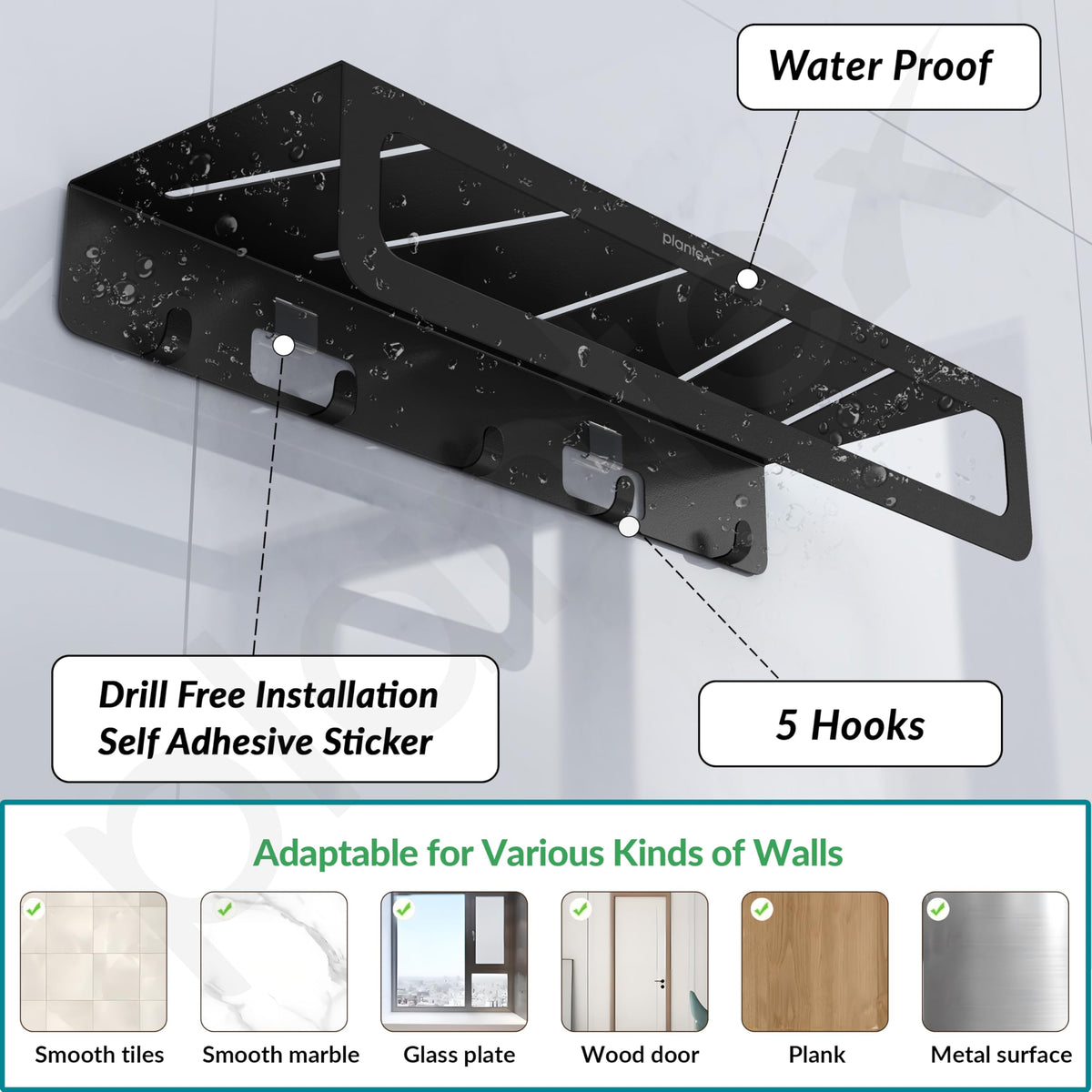 Plantex Alloy Steel No Drill Bathroom Organiser/Self Adhesive Wall Mount Multipurpose Shelf/Rack/Towel Rod/Hooks for Bathroom - Pack of 1 (15 x 5 Inch, Black)-5