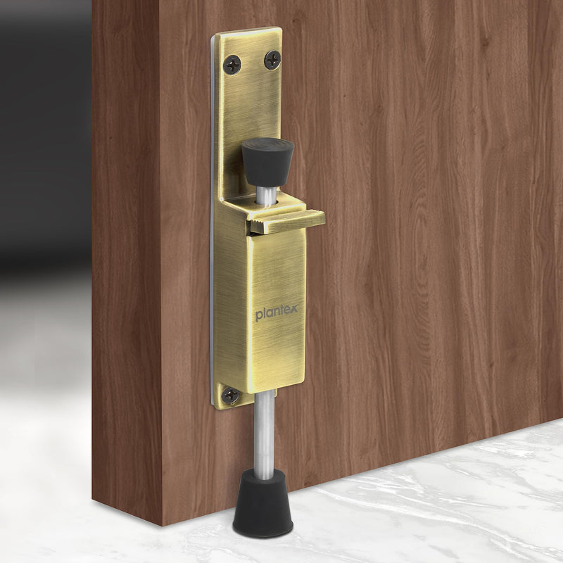 Plantex Kickdown Door Stopper Spring Loaded Telescopic Step On/Off Door Stopper Rubber, Adjustable Heavy Duty Door Locks Holder Stops/Release by Foot/Door Stop - (Brass Antique)-1