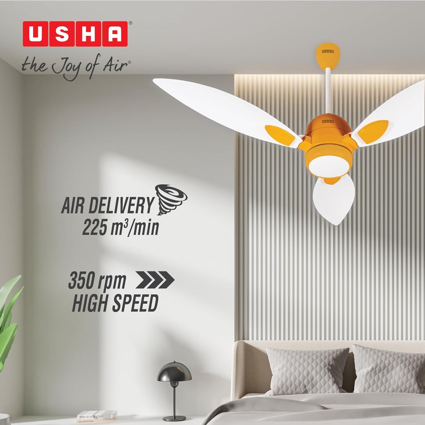 USHA New Bloom Series Sunspire Glow (Inspired by Sunflower) BLDC Ceiling Fan with Underlight with 3 Modes | RF Remote | Whisper-Quiet | Dust-Resistant (White & Saffron Yellow)