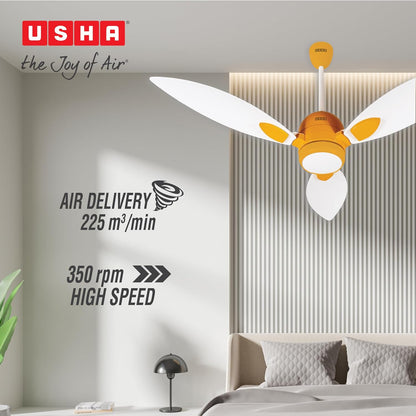 USHA New Bloom Series Sunspire Glow (Inspired by Sunflower) BLDC Ceiling Fan with Underlight with 3 Modes | RF Remote | Whisper-Quiet | Dust-Resistant (White & Saffron Yellow)