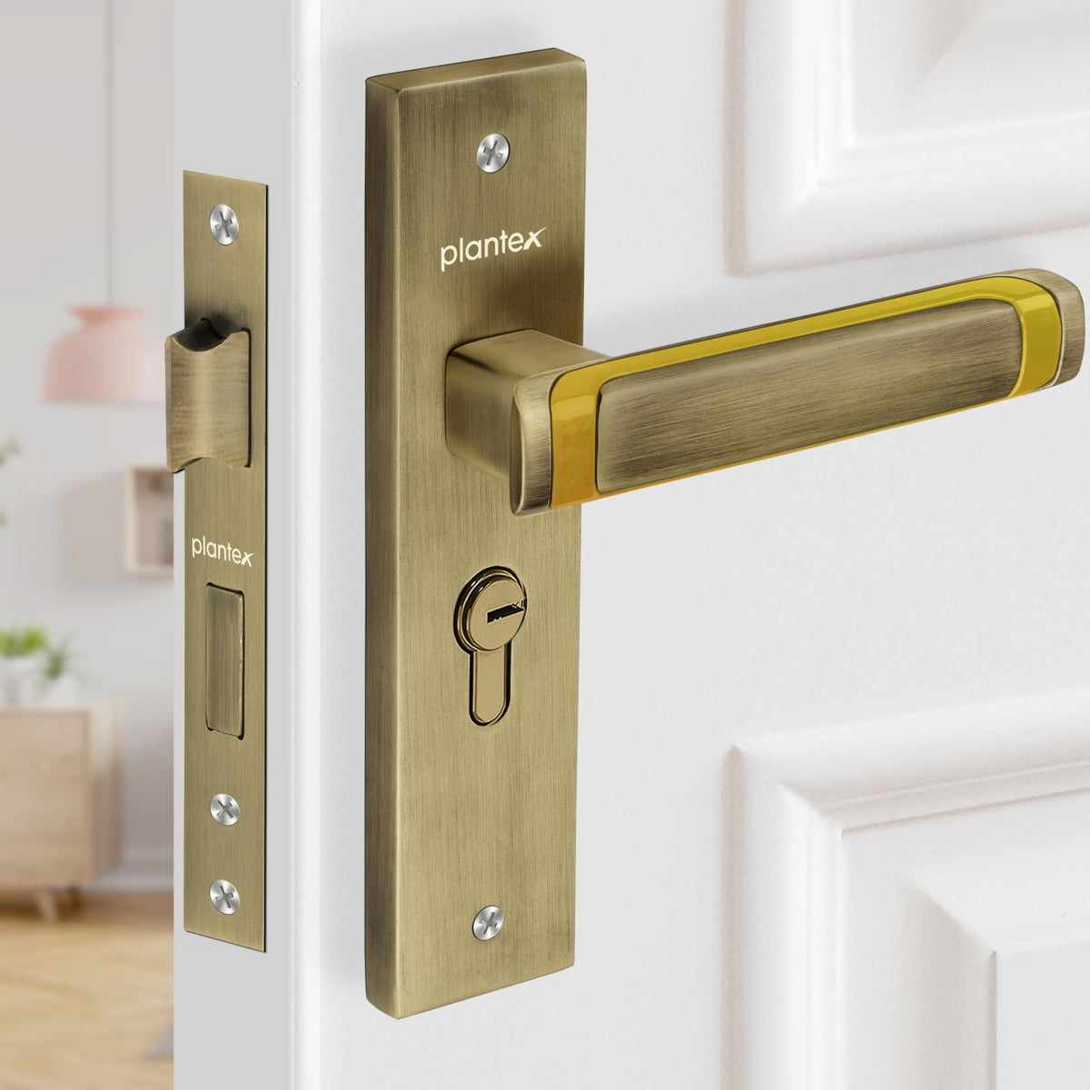 Plantex Heavy-Duty Door Lock Set - Main Door Lock Handle Set/Mortise Lock with 3 Keys, Brass Lock Body & Cylinder (8127 - Brass Antique & PVD Gold)