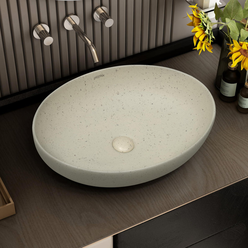 Plantex Table Top Wash Basin for Bathroom/Designer Ceramic Basin/Countertop Vessel Sink Basin/Wash Basin Over Counter for Home/Office (Beige - 20.5 x 15.5 x 5 Inch)-1