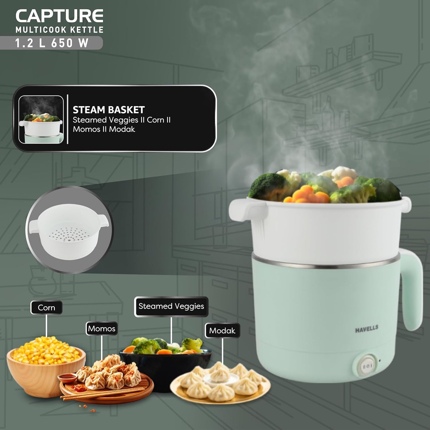 Havells Capture 1.2 L Multi-Cook Electric Kettle with Steamer | 650W |304 Stainless Steel Inner Body|Cooks Noodles, Rice, Milk | Cool-Touch Body | 2-Year Warranty (Green)