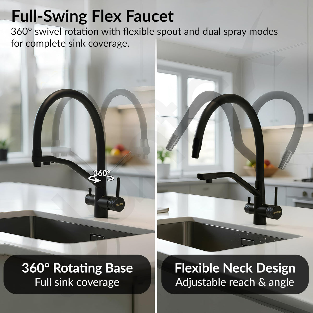 Plantex Pure Brass Flexible Tap for Kitchen Sink/Dual Flow Pull Out Sink Mixer Tap Hot and Cold/Movable/Rotable Water Mixer Faucet - (7904, Black)-5