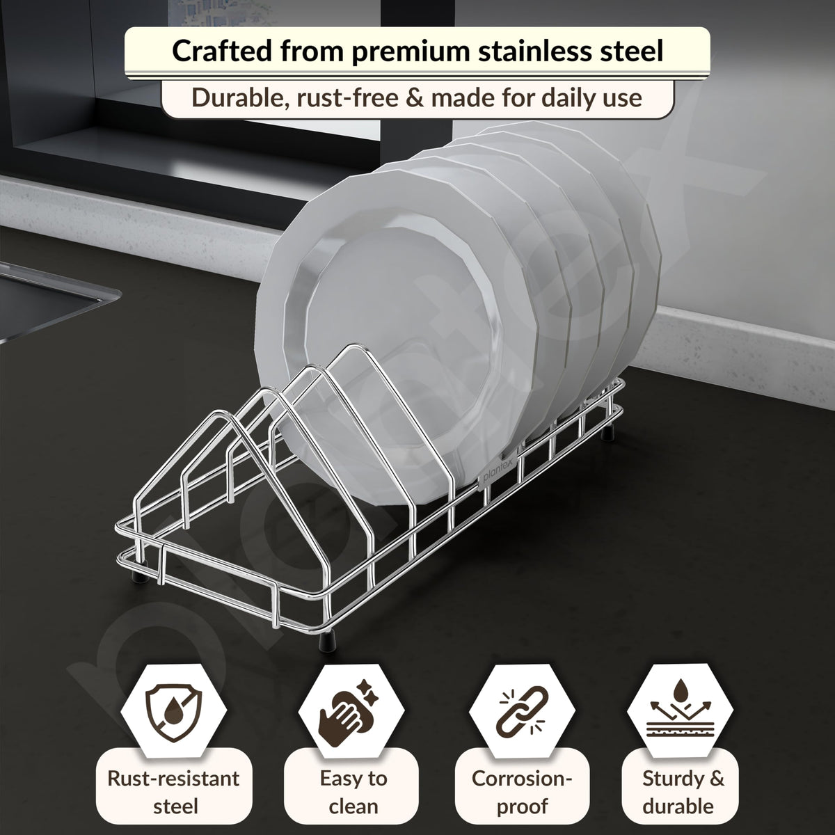 Plantex Stainless Steel Plate Stand for Kitchen Cabinet/Dish Organizer for Kitchen/8 Slot Plate Rack Holder-(Size-4 inches, Slot- 8, Pack of 1), 35x15x13 cm