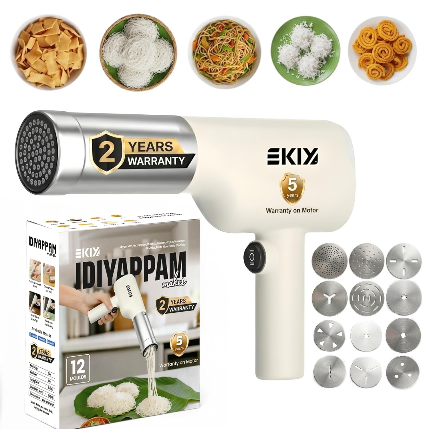 EKIY Electric 12 Mould Stainless Steel Idiyappam,Noolappam,Muruke,Noodles,Pasta Maker Machine | 50Watts Power|50 Times for Full Charge| 1500Mah Type-C Cordless |Wireless Portable (12 Mould White)