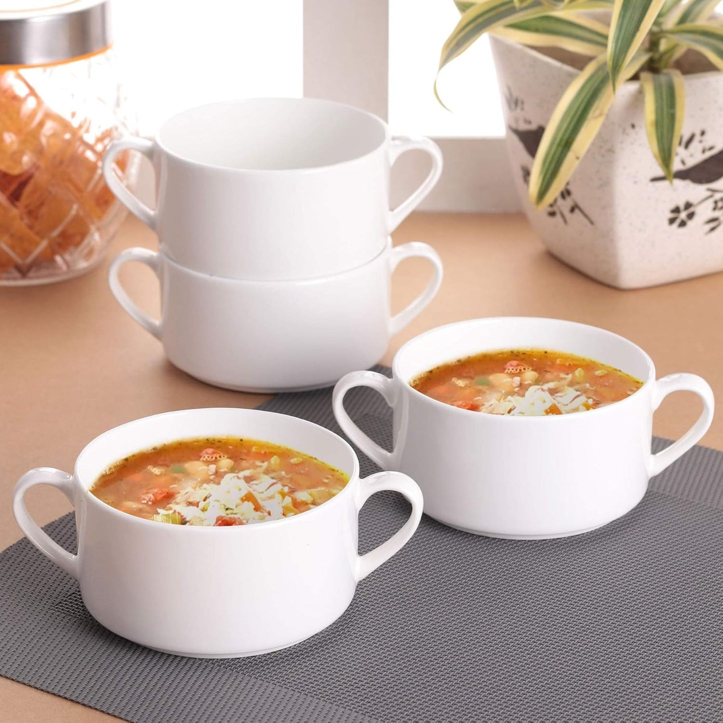 Clay Craft Basics - Ceramic Checkered Hammered Soup Maggie and Noodle Cup, 460ml, 4 Pieces, Multicolour (Stacko Soup Bowl)