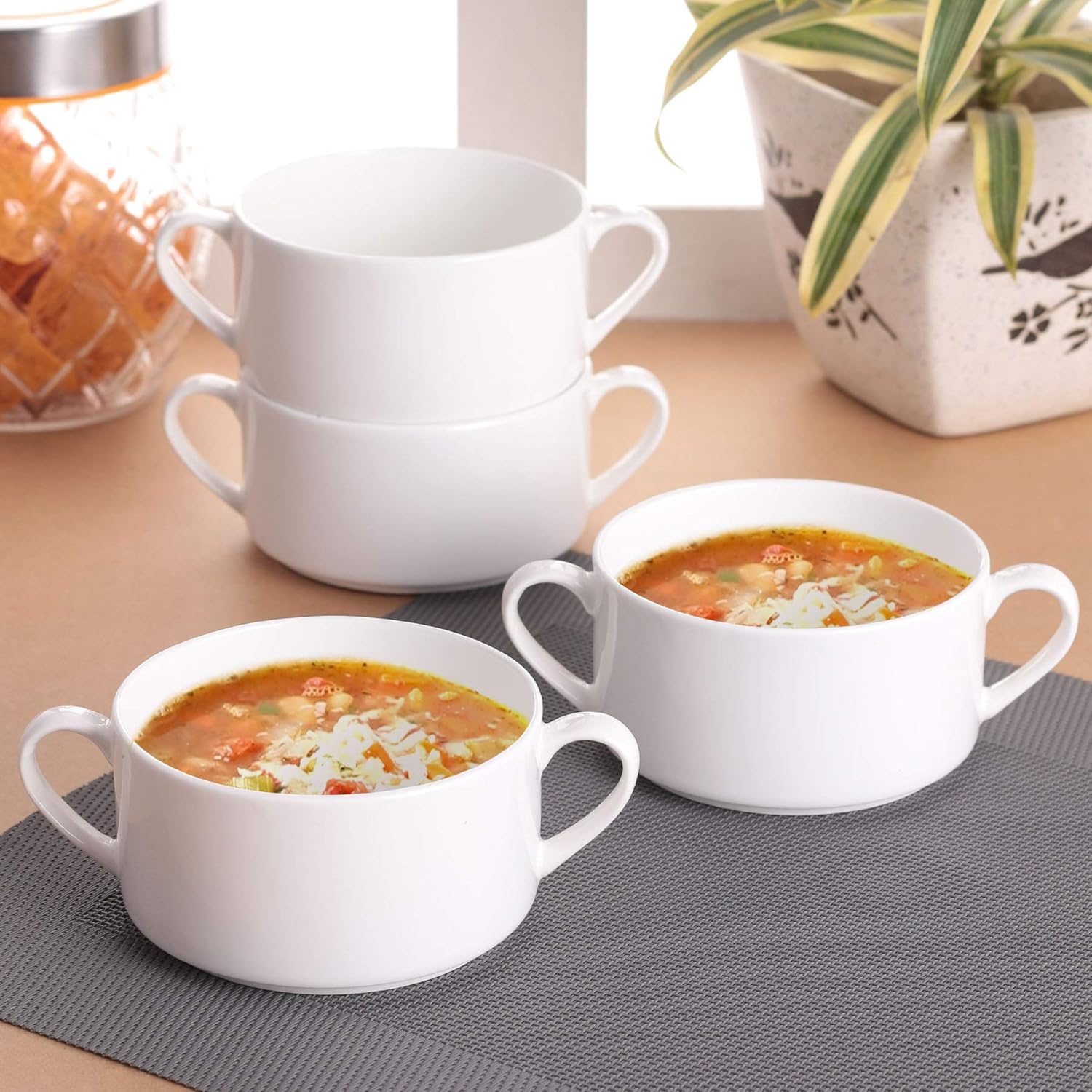 Clay Craft Basics - Ceramic Checkered Hammered Soup Maggie and Noodle Cup, 460ml, 4 Pieces, Multicolour (Stacko Soup Bowl)