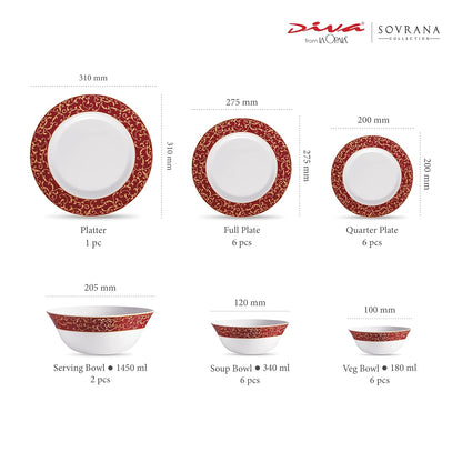 La Opala Diva Sovrana Collection Opal Glass Crockery | for Family of 6 | Dinner Set 27 pcs Anassa Red | Plates & Bowls for Dining | Microwave Safe | 100% Vegetarian | Extra Strong | Light & White