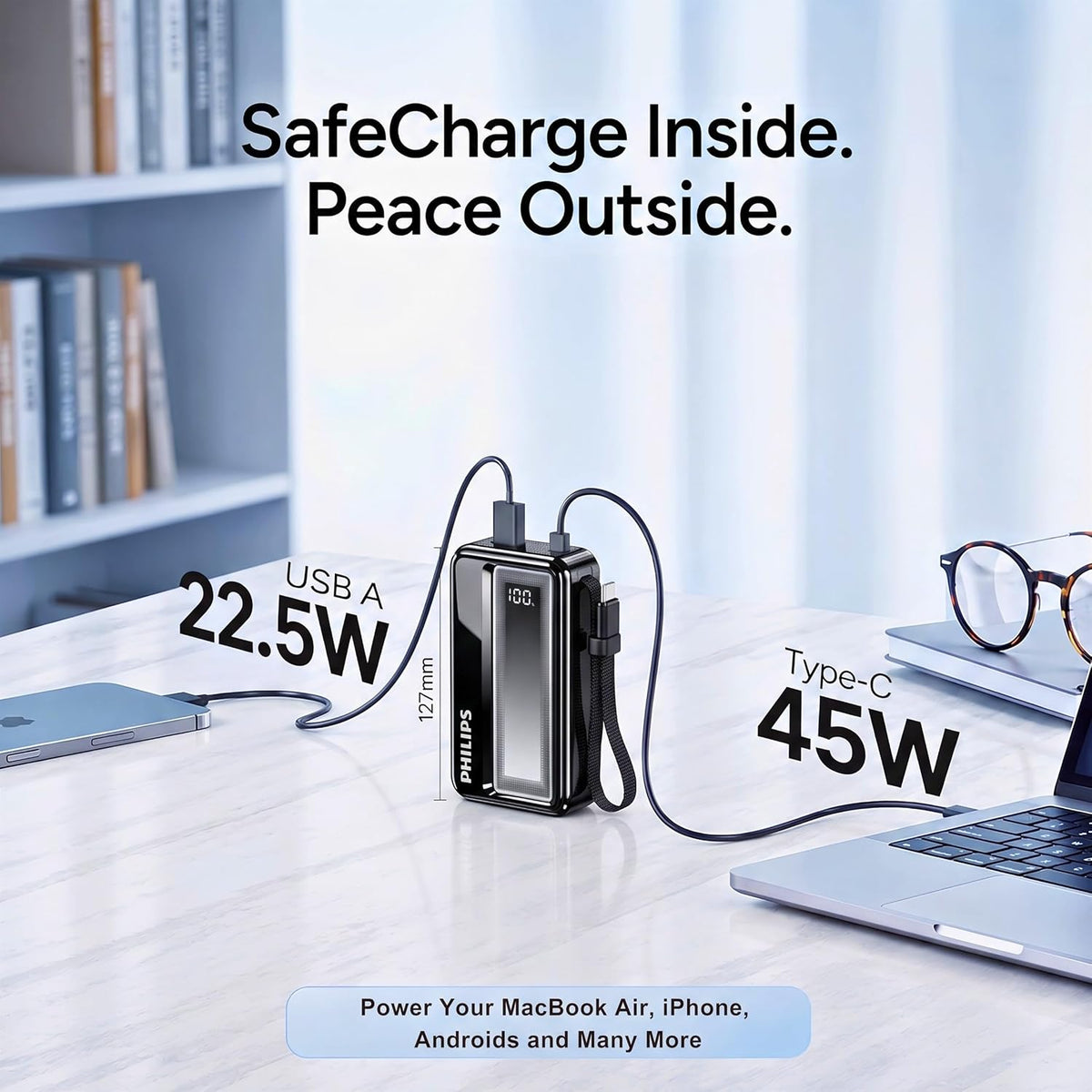 Philips DLP2721NB/94 20000mAh 45W Fast Charging Power Bank with Built-in Type-C Cable (Dark Slate)