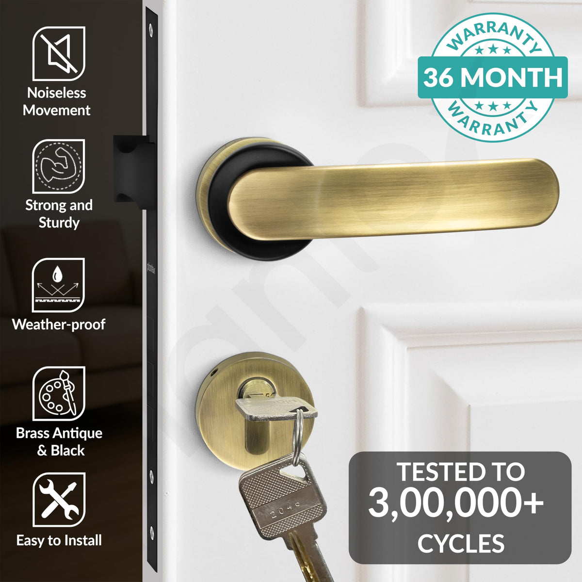 Plantex Door Lock for Home/Main Door Lock Set with 3 Computerized Key/Mortise Lock for Door with Brass Lock Body & Cylinder (SM037, Brass Antique & Black)-2
