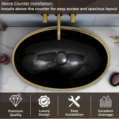 Plantex Tabletop Wash Basin for Bathroom/Designer Ceramic Basin/Countertop Vessel Sink Basin for Home/Hotel - (Black & Gold - 23.5 x 16 x 6 inch)-5