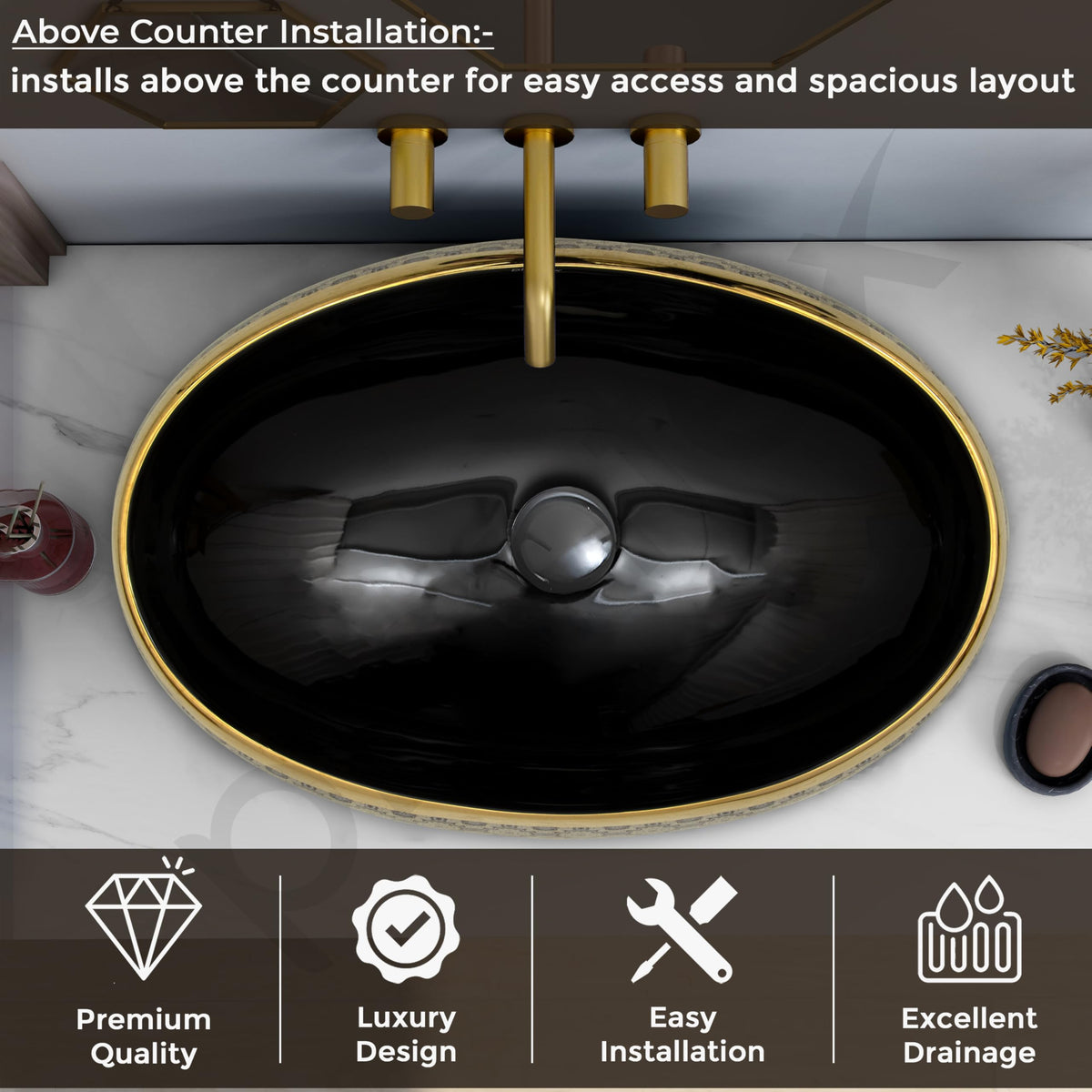 Plantex Tabletop Wash Basin for Bathroom/Designer Ceramic Basin/Countertop Vessel Sink Basin for Home/Hotel - (Black & Gold - 23.5 x 16 x 6 inch)-5