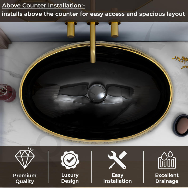 Plantex Tabletop Wash Basin for Bathroom/Designer Ceramic Basin/Countertop Vessel Sink Basin for Home/Hotel - (Black & Gold - 23.5 x 16 x 6 inch)-5