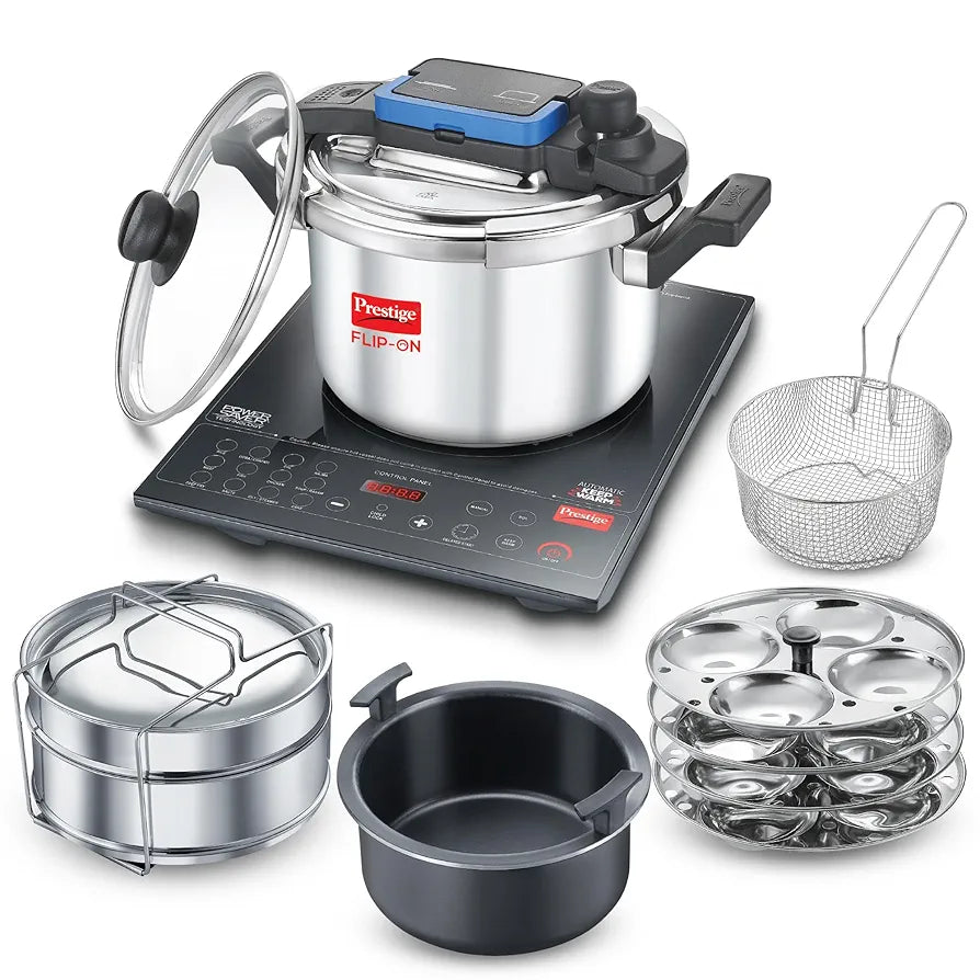 Prestige Cookcenter Induction Cooktop, Flip On Stainless Steel Pressure Cooker 5L 22cm Dia with Glass Lid, 4 Idly Plates, Frying Basket, Cake Mould 2.1, Cooker Separator 19cm Dia