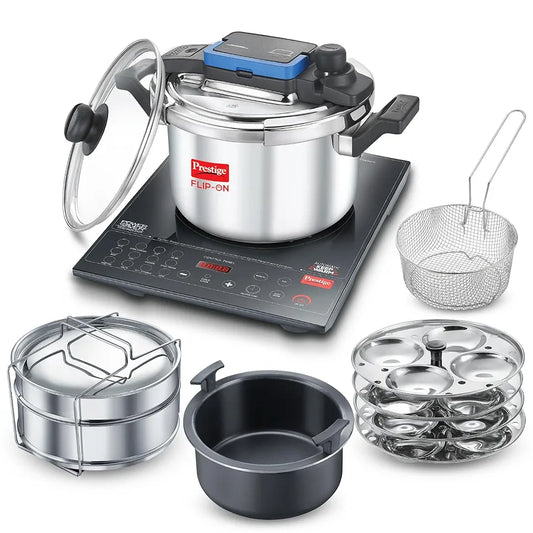 Prestige Cookcenter Induction Cooktop, Flip On Stainless Steel Pressure Cooker 5L 22cm Dia with Glass Lid, 4 Idly Plates, Frying Basket, Cake Mould 2.1, Cooker Separator 19cm Dia