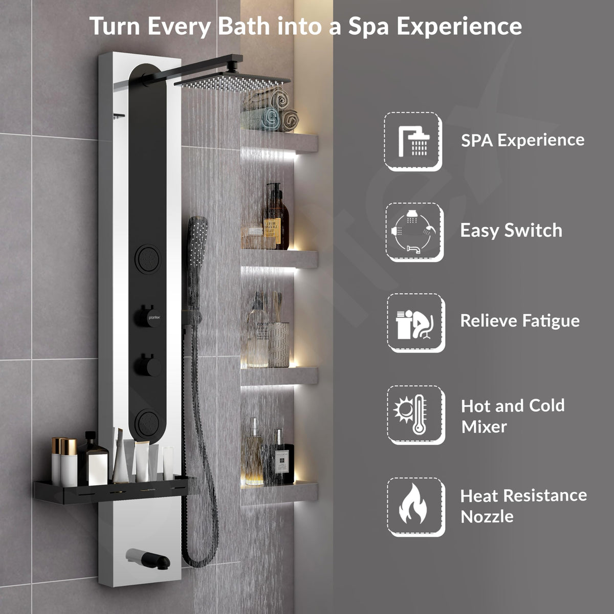 Plantex Shower Panel for Bathroom/304 Grade Stainless Steel Modern Shower System with Head Shower/Hand Shower & Massage Spray Jet for Bathroom - Pack of 1 (Chrome and Black, KM-8097)-6