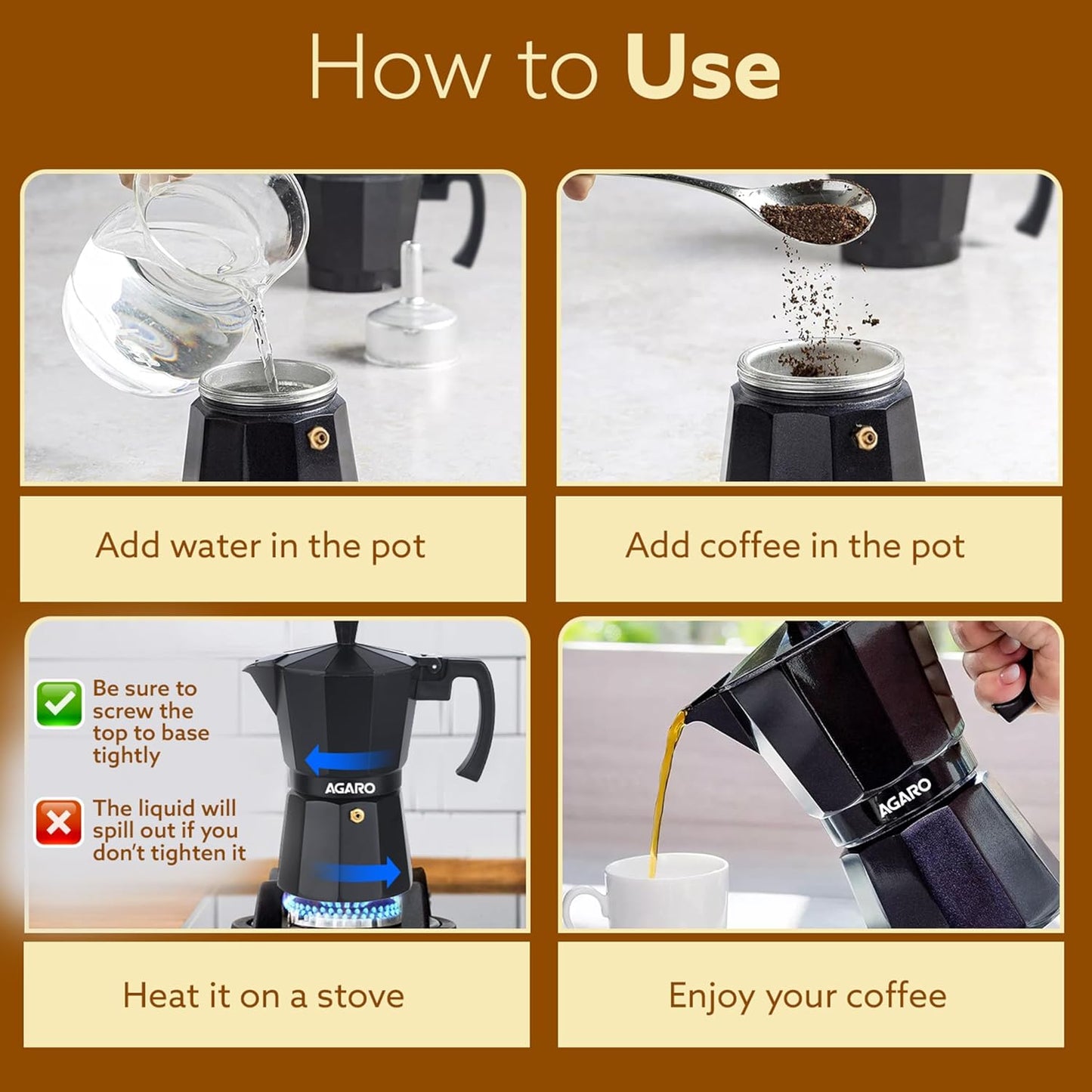 AGARO Classic Moka Pot, Stovetop, Espresso Coffee Maker, 240 Ml, Premium Aluminium Built, Italian Style Mocha, Cuban Café Brewing, Black