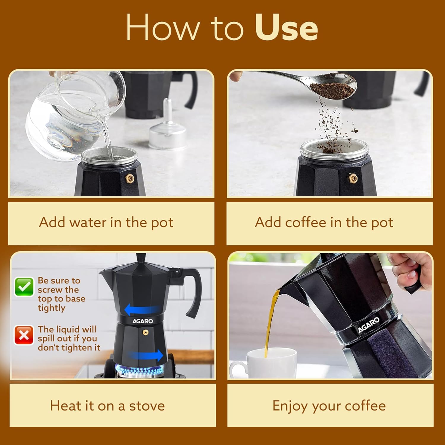 AGARO Classic Moka Pot, Stovetop, Espresso Coffee Maker, 240 Ml, Premium Aluminium Built, Italian Style Mocha, Cuban Café Brewing, Black