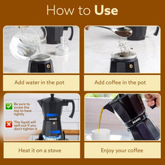 AGARO Classic Moka Pot, Stovetop, Espresso Coffee Maker, 240 Ml, Premium Aluminium Built, Italian Style Mocha, Cuban Café Brewing, Black
