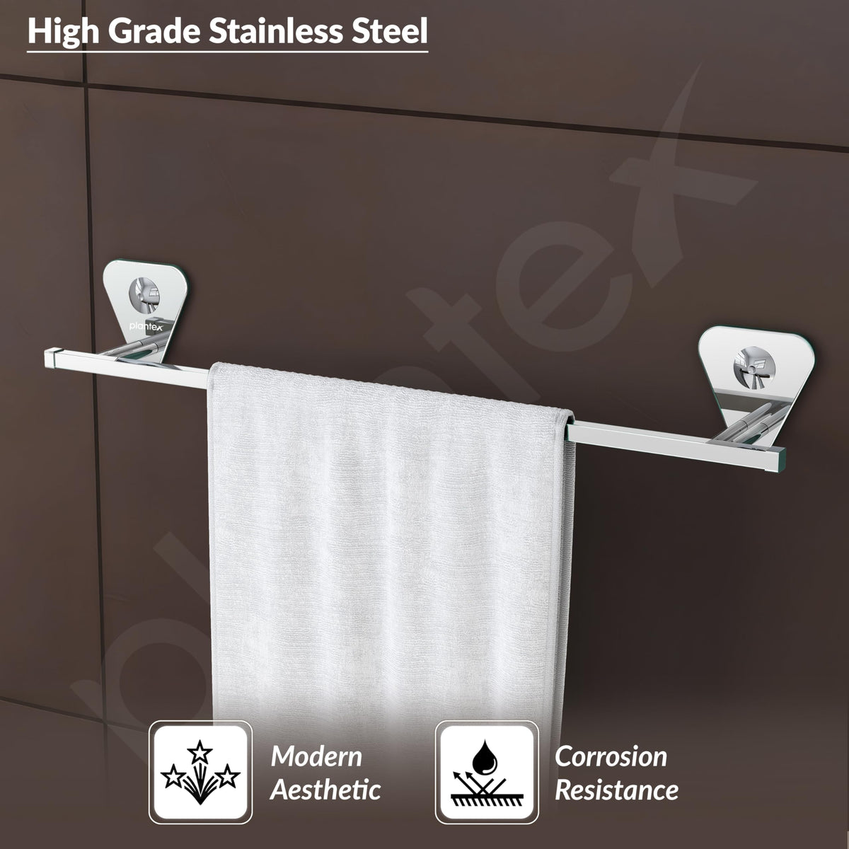 Plantex Pyramid Stainless Steel Towel Hanger for Bathroom/Single Towel Rod/Bar/Bathroom Accessories (24inch) - Chrome - Pack of 1-4