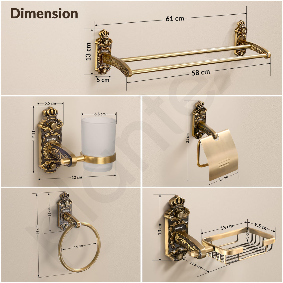 Plantex Aluminium Antique Bathroom Accessories Set Of 5-Pcs/Bathroom Hardware Set (Towel Rod/Napkin Ring/Paper Holder/Soap Dish/Tumbler Holder), Gold-2