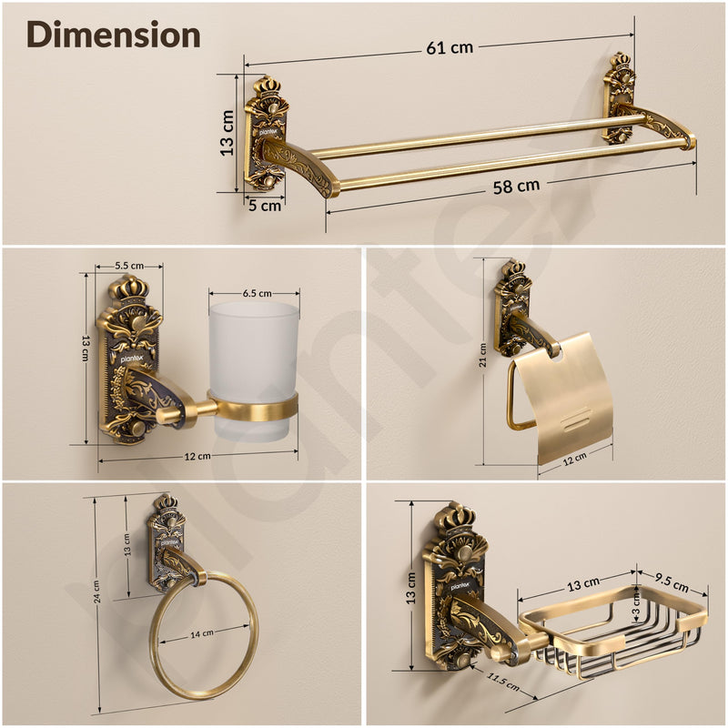 Plantex Aluminium Antique Bathroom Accessories Set Of 5-Pcs/Bathroom Hardware Set (Towel Rod/Napkin Ring/Paper Holder/Soap Dish/Tumbler Holder), Gold-2
