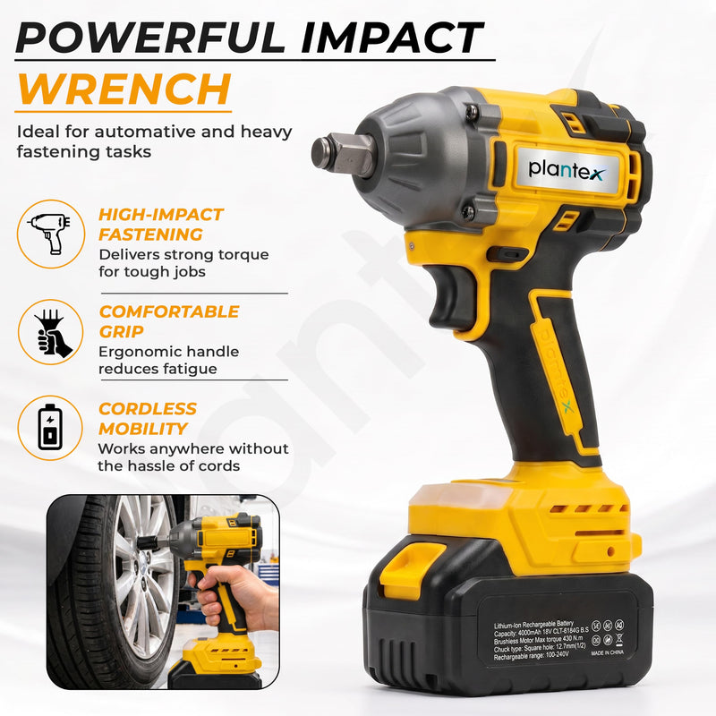 Plantex 4-in-1 Cordless Power Tool Kit 21V/Brushless Drill, Impact Wrench, Rotary Hammer & Angle Grinder/3 Batteries & Case Yellow (APS-ML004)-5