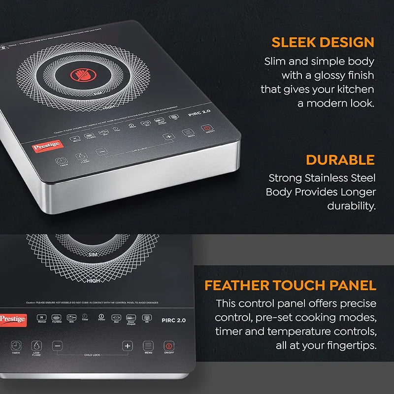 Prestige PIRC 2.0 2000 Watts Infrared Dual Heating Zone Cooktop |High Voltage Surge Protection| Dual Heat Mode| Radiant Heating Technology| Feather Touch Buttons| Stainless Steel Body| Black & Silver
