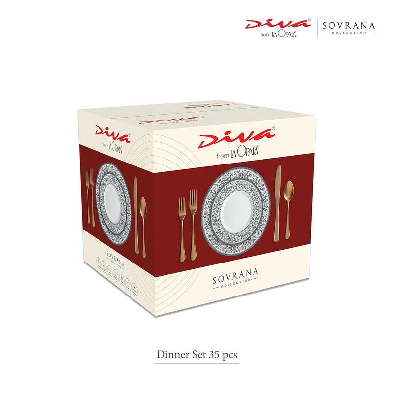 La Opala Diva Sovrana Collection Opal Glass Crockery | for Family of 6 | Dinner Set 35 pcs Moroccan Pink | Plates & Bowls for Dining | Microwave Safe | 100% Vegetarian | Extra Strong | Light & White