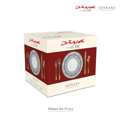 La Opala Diva Sovrana Collection Opal Glass Crockery | for Family of 6 | Dinner Set 35 pcs Regent Blue | Plates & Bowls for Dining | Microwave Safe | 100% Vegetarian | Extra Strong | Light & White