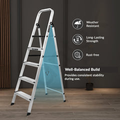 Plantex Big Foot 5 Step Foldable Aluminium Ladder/Step Ladder for Home Use with Wide Anti-Slip Steps and Secured Joints/5-Year Manufacturer Warranty(Black & Silver)-5