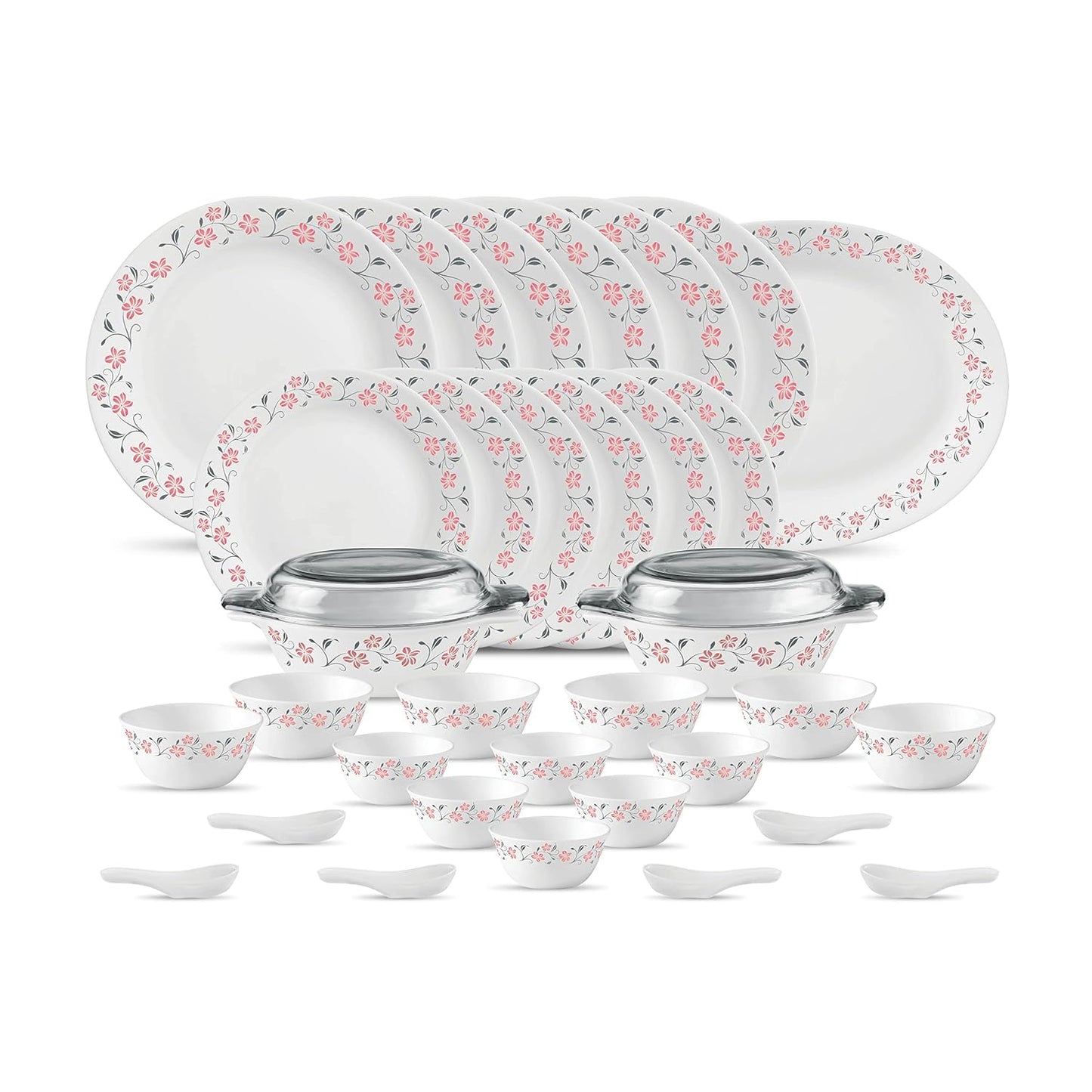 La Opala Diva, Ivory Collection, Opal Glass Dinner Set 35 pcs, Grace Red, White, Standard