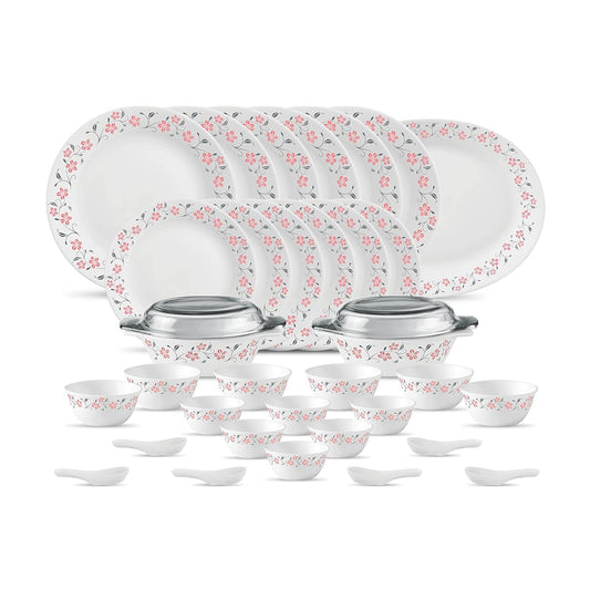 La Opala Diva, Ivory Collection, Opal Glass Dinner Set 35 pcs, Grace Red, White, Standard