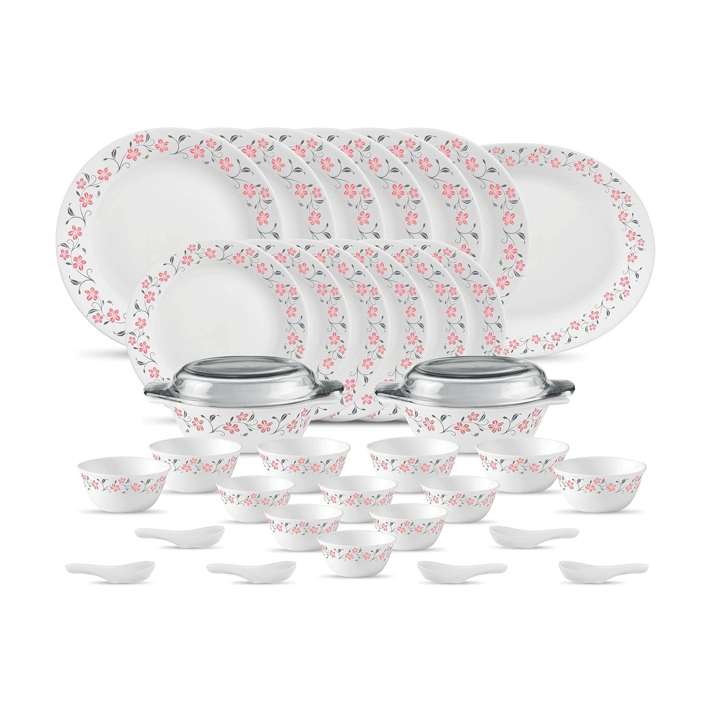 La Opala Diva, Ivory Collection, Opal Glass Dinner Set 35 pcs, Grace Red, White, Standard