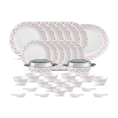 La Opala Diva, Ivory Collection, Opal Glass Dinner Set 35 pcs, Grace Red, White, Standard