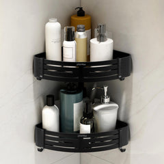 Plantex No Drill Bathroom Corner Shelves/Aluminium Self Adhesive Corner Shelf for Bathroom Wall/Bathroom Shelf Corner with Removable Hooks & Magic Stickers (9x9 inches, Matt Black) - Pack of 2-1