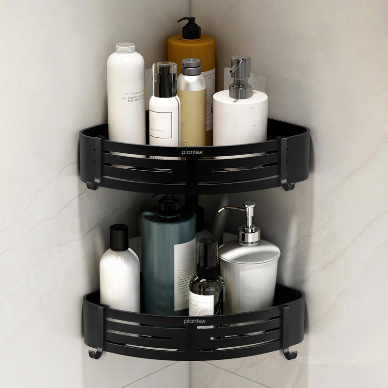 Plantex No Drill Bathroom Corner Shelves/Aluminium Self Adhesive Corner Shelf for Bathroom Wall/Bathroom Shelf Corner with Removable Hooks & Magic Stickers (9x9 inches, Matt Black) - Pack of 2-1