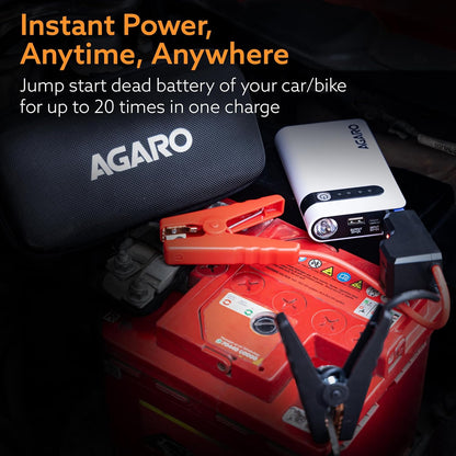 AGARO Primo Portable Jump Starter for Car & Bike, 12000mAh Battery, 3 in 1, Power Bank, LED Flashlight 3 Mode, Safety Protection, Type C Charge, Petrol & Diesel Engine Compatible, with Carry Bag