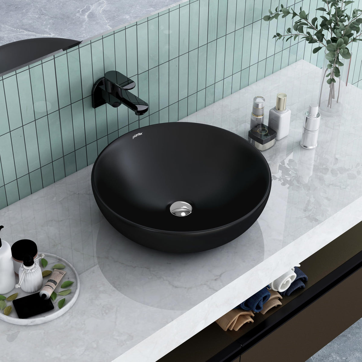 Plantex Platinum Ceramic Tabletop Round Wash Basin/Countertop Bathroom Sink/Tabletop Wash Basin(Black, 15.5 x 15.5 x 5 Inch)-1