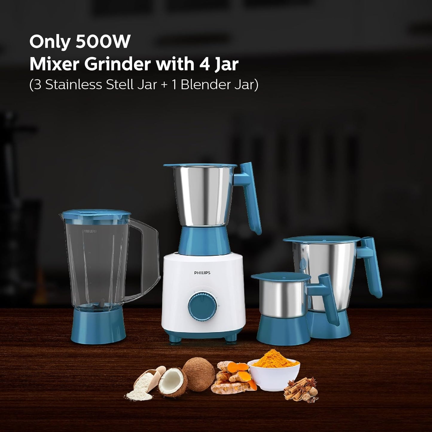 Philips HL7536/01-500 W Mixer Grinder with 4 Jar (3 Stainless Steel Jar +1 Blender Jars), Bigger jar sizes, with 5 Year Warranty on Motor
