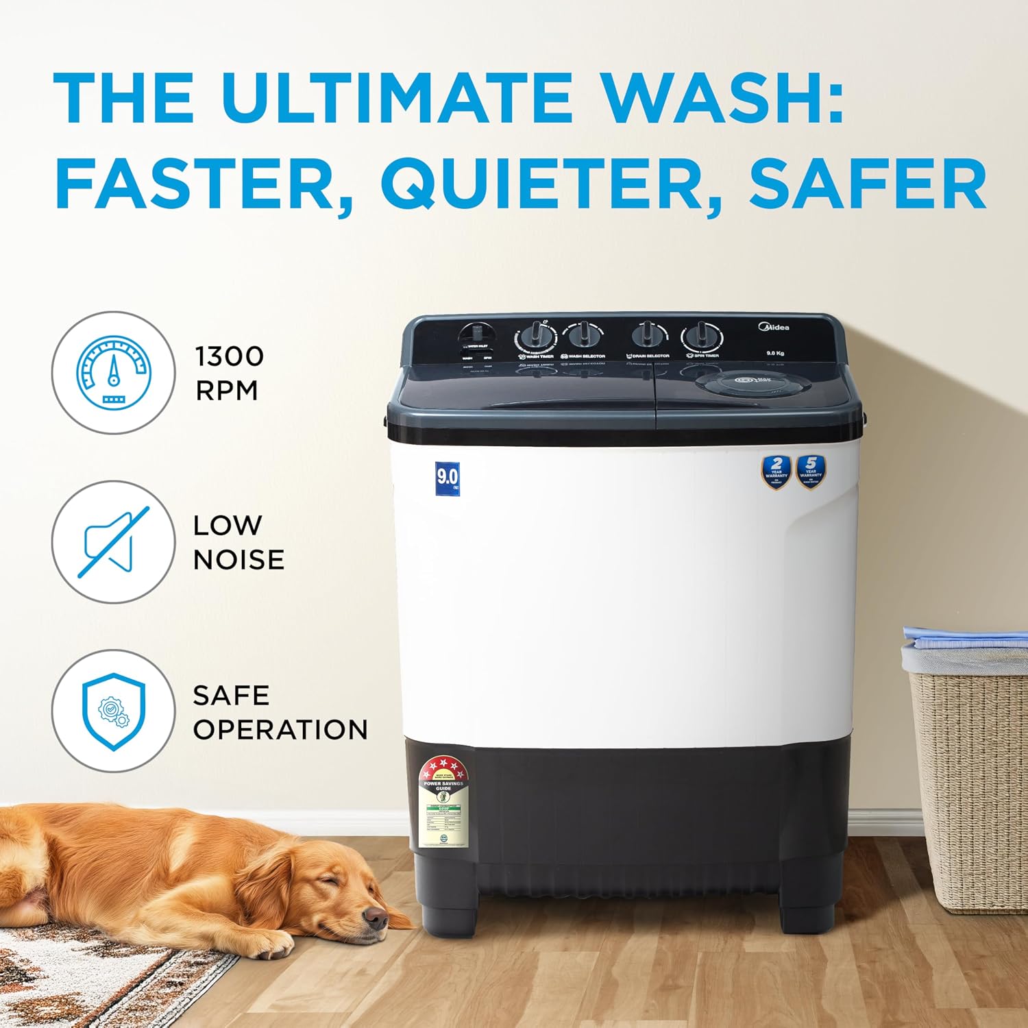 Midea 9 Kg 5 Star Semi Automatic Top-Load Washing Machine Black White (MWMSA090SAPPG(KW), Rat Away Feature, Air Jet Dry IPX4 Protection)